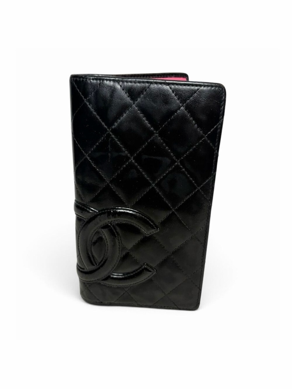 Chanel Cambon Ligne Black Quilted Leather Long Bifold Wallet Pink Interior